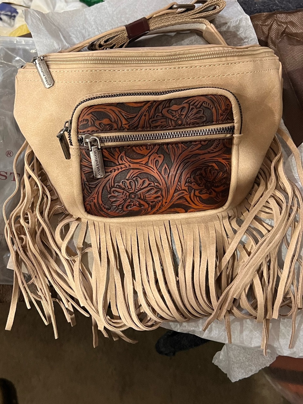 Fringed Suede Crossbody Bag with Tooled Leather Front Pocket - Beige